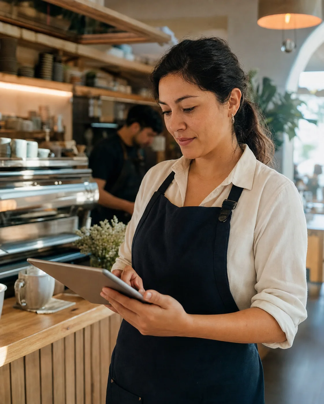 Responsable de café consultant tipsme sur une tablette